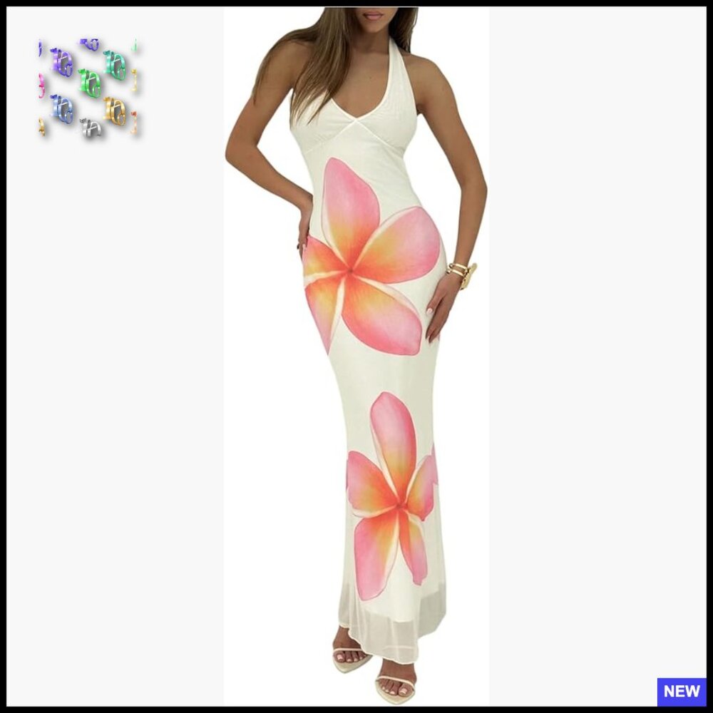 Floral Print Tie Backless Halter Maxi Dress Bodycon Mesh Elegant Chic